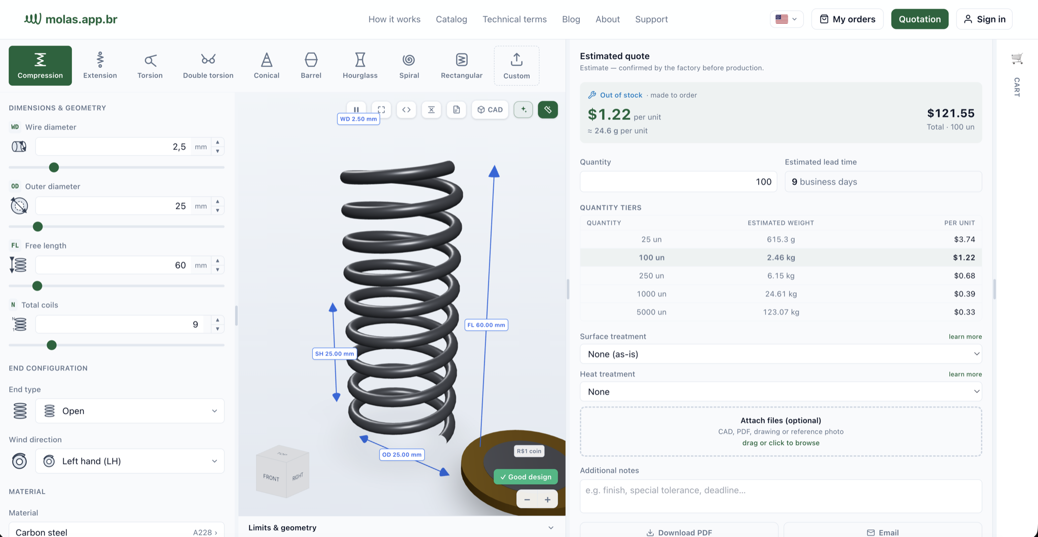The Molas Online spring configurator: a 3D compression spring with instant per-unit pricing, quantity tiers and lead time.