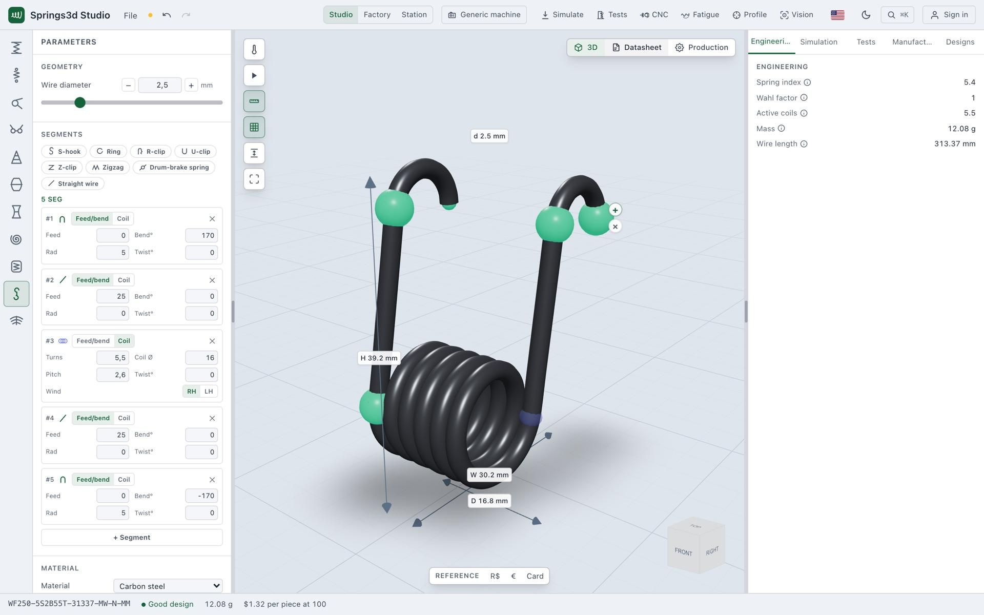 Novo — artefatos de arame: mola de freio como programa de avanço / dobra / espiral, com juntas 3D arrastáveis