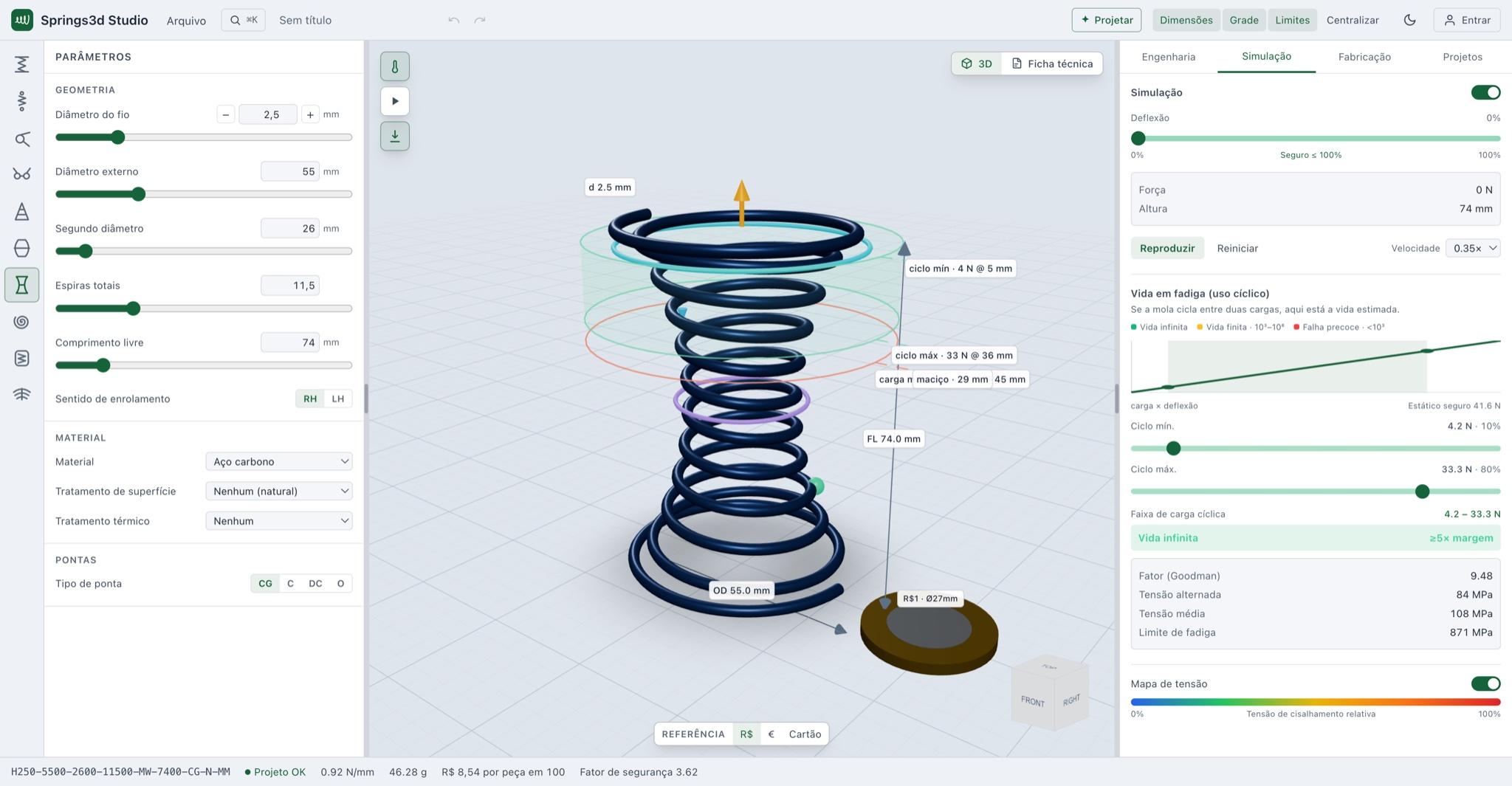 Springs3d Studio: editor 3D paramétrico de molas com painéis de engenharia